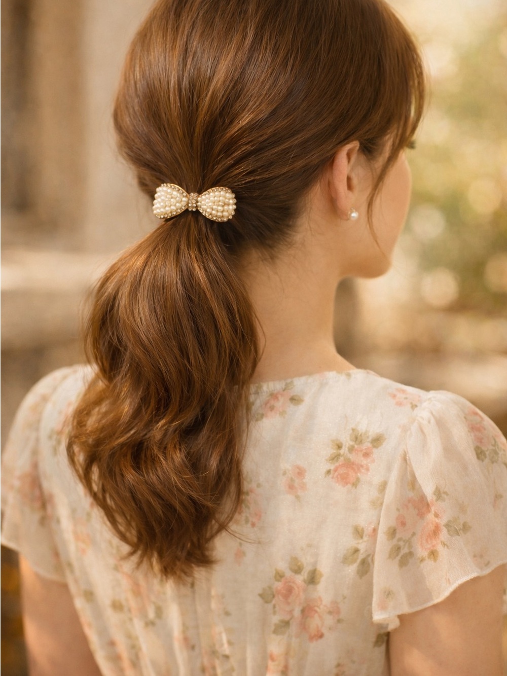 Pearl & Crystal Bow Hair Tie - Elegant Ivory Hair Accessory - Picture 4 of 4